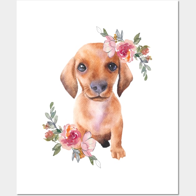 Cute Dachshund Puppy Dog Watercolor Art Wall Art by AdrianaHolmesArt